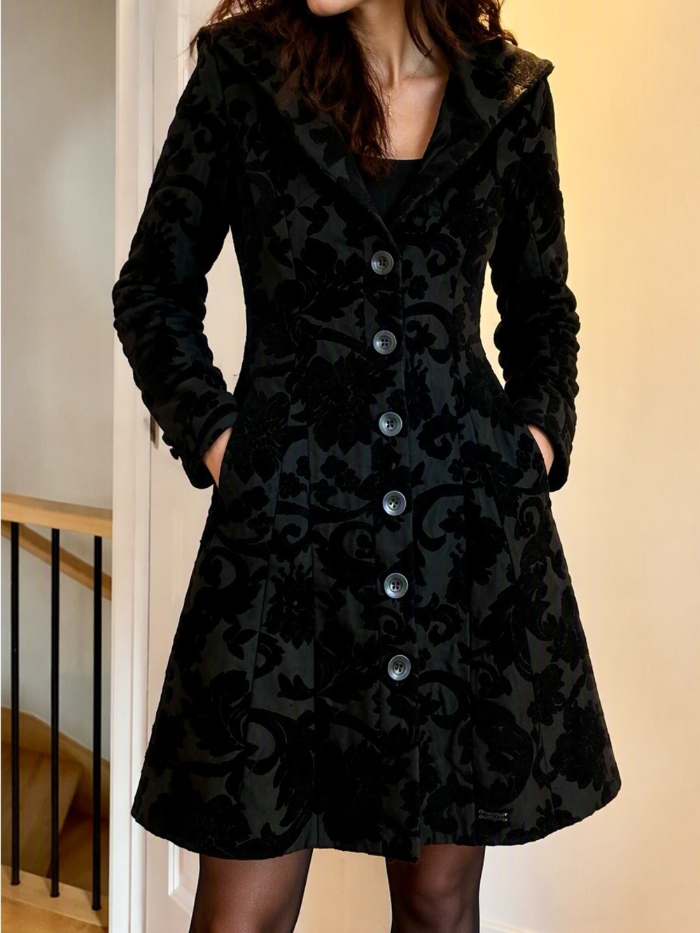 Desigual Black Floral-Jacquard Trench Coat